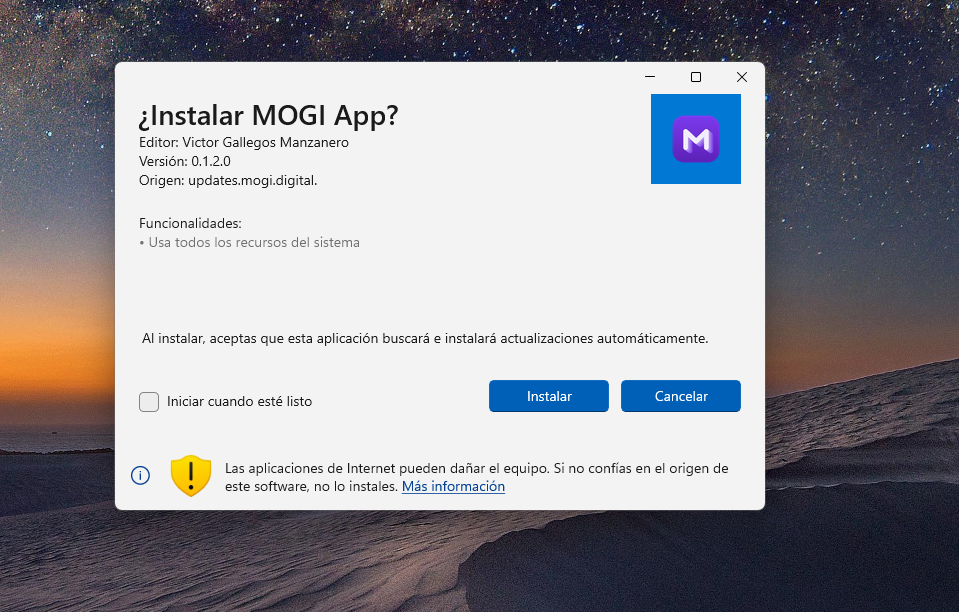 Ventana de Windows para instalar MOGI App