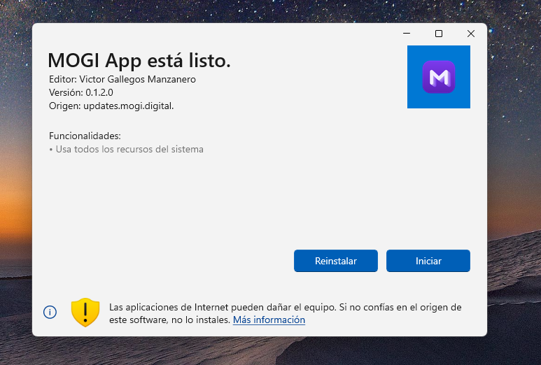 Ventana de Windows que confirma que MOGI App está listo